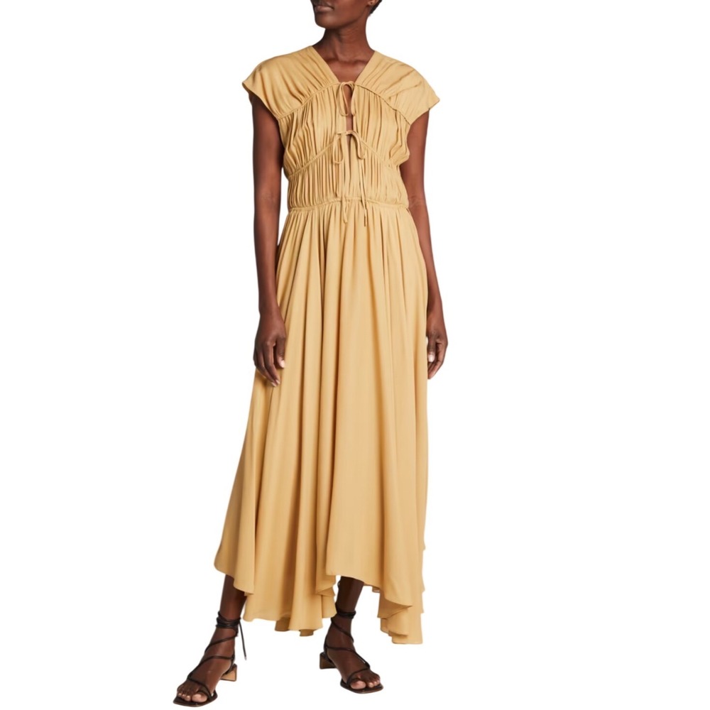 TOVE Ceres Midi Dress Mustard Yellow Ruched Tie Front Silk Blend 36